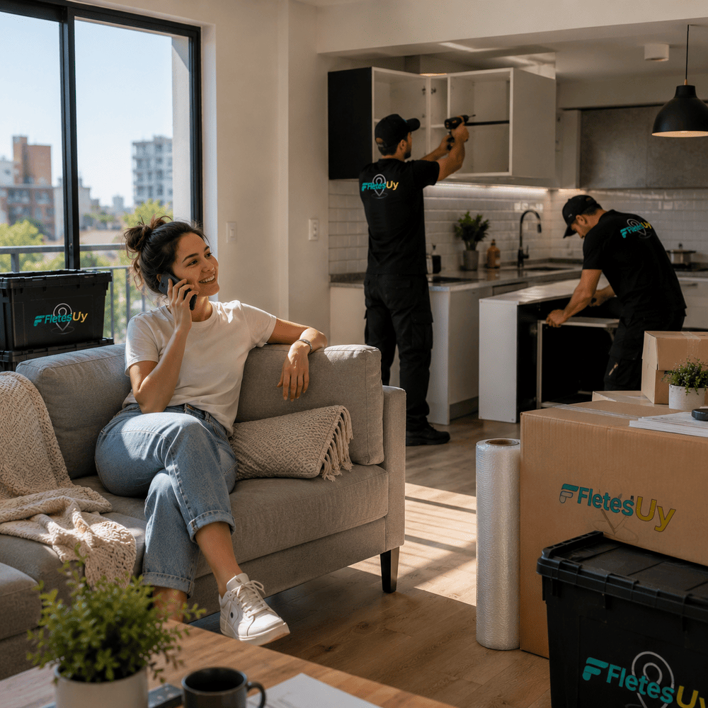 Clienta de FletesUY tranquila en su apartamento mientras el equipo arma los muebles