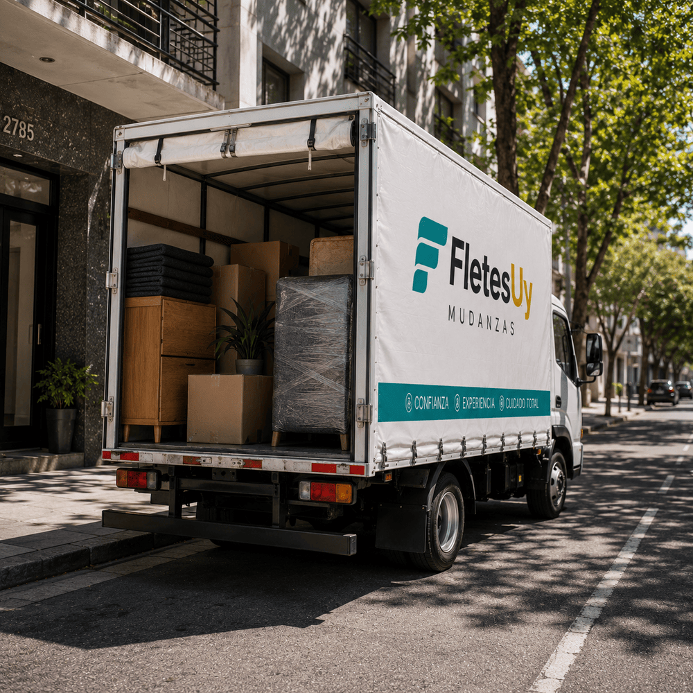 Vehículo de FletesUY frente a un edificio de Montevideo