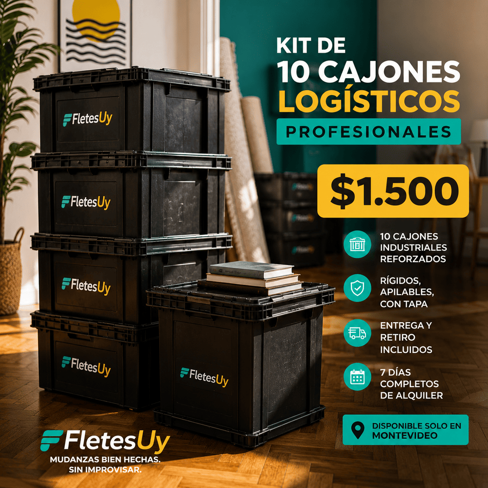 Kit de 10 cajones logísticos profesionales de FletesUY, $1.500, entrega y retiro incluidos, 7 días de alquiler