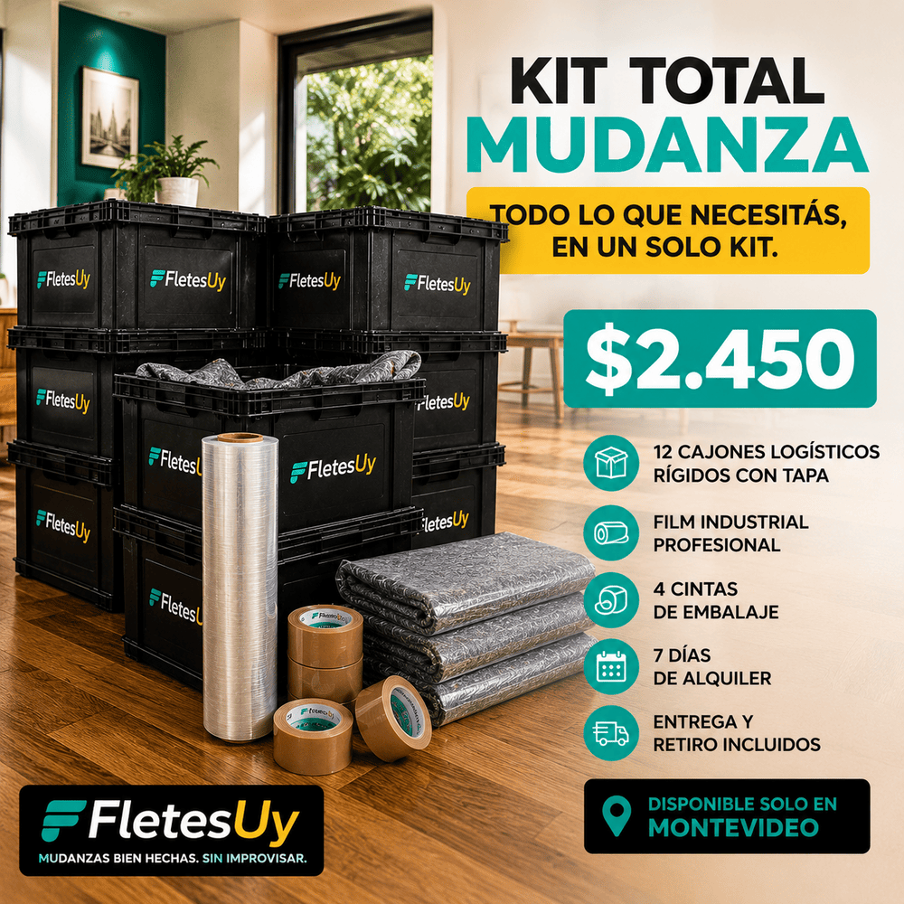 Kit Total Mudanza de FletesUY, $2.450, 12 cajones, film industrial, 4 cintas de embalaje, entrega y retiro incluidos